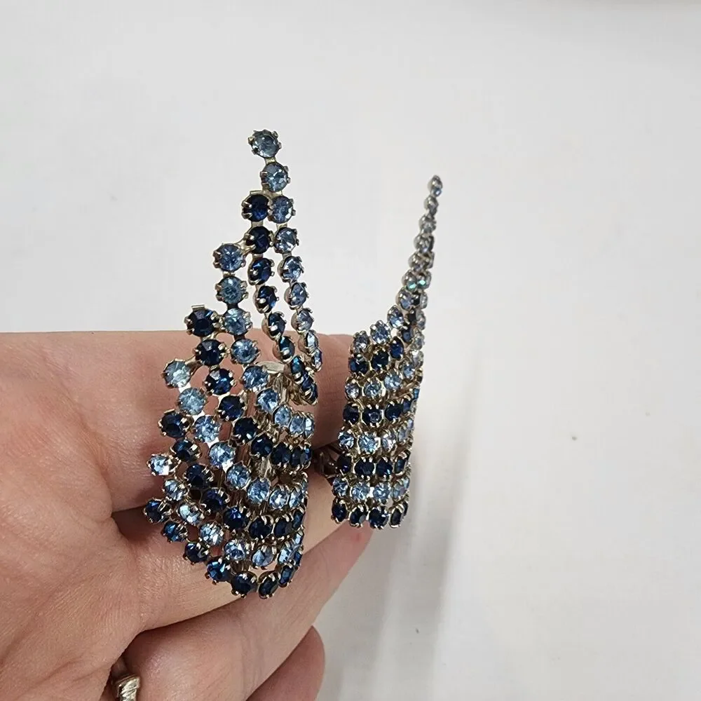 Vintage Large Oversized Blue Rhinestone Statement Climber Earrings Clip On